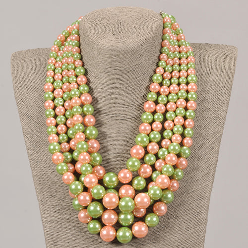 Five Strand Pink & Green Pearl Set With Matching Earrings