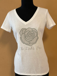 LINKS White Rose Rhinestone V-Neck Shirt