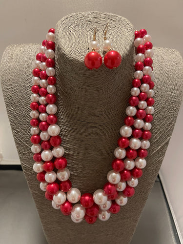 Three Strand Red & White Pearl Set With Matching Earrings