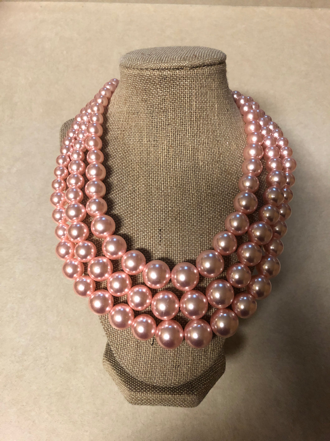 Three Strand Pink Pearl Set With Matching Earrings