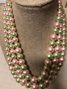 Three Strand Pink & Green Pearl Set With Matching Earrings