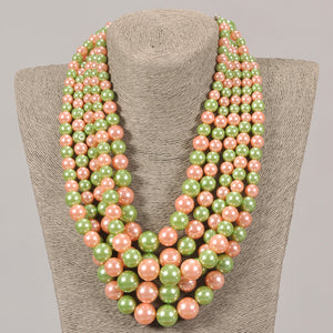 Five Strand Pink & Green Pearl Set With Matching Earrings