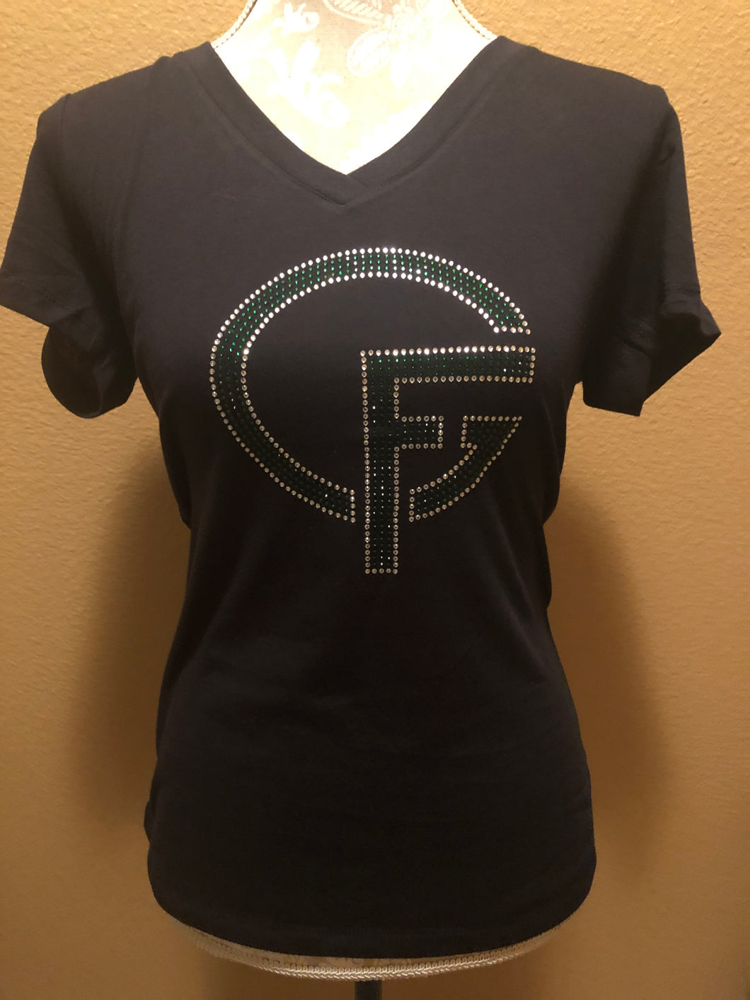 The Girl Friends Green/Clear Logo Rhinestone Shirt