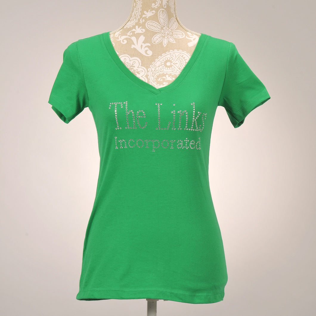 The Girl Friends Clear Rhinestone Green V-Neck T-Shirt