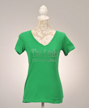 Load image into Gallery viewer, The Girl Friends Clear Rhinestone Green V-Neck T-Shirt