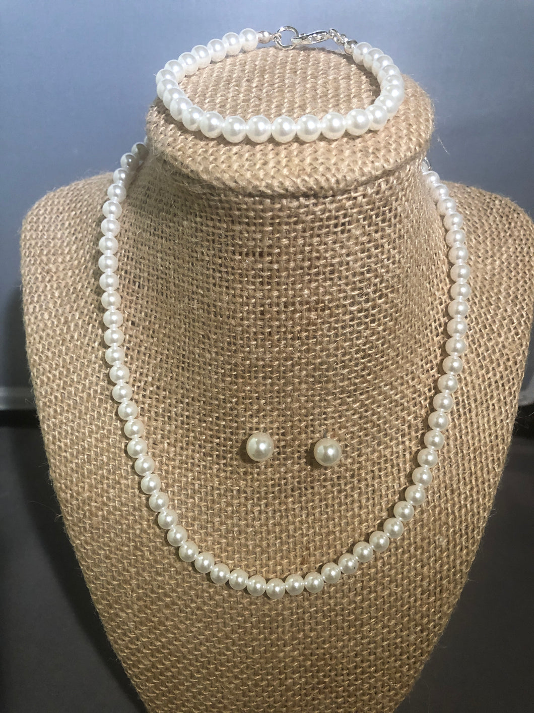 Single Strand Pearl Necklace, Earring, Bracelet Set