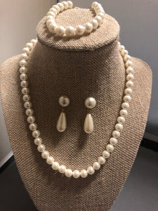 Pearl Necklace, Earring, Bracelet Set