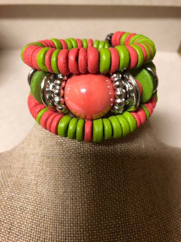 Pink and Green Wood Wrap Bracelet