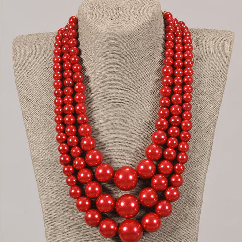 3 Strand Red Pearl Set With Earrings