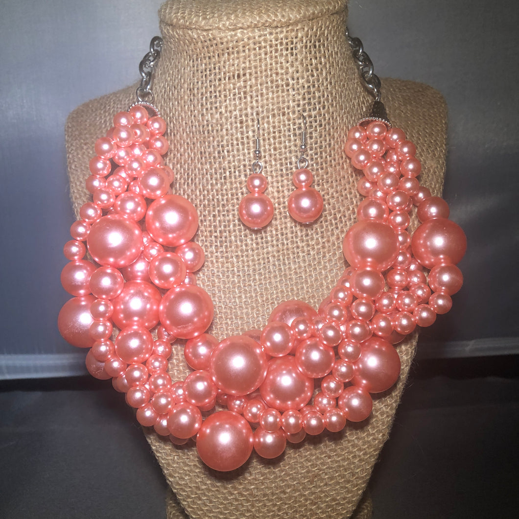 Three Twist Multi Strand  Pink Pearl Set With Matching Earrings