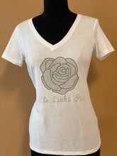 Load image into Gallery viewer, LINKS White Rose Rhinestone V-Neck Shirt